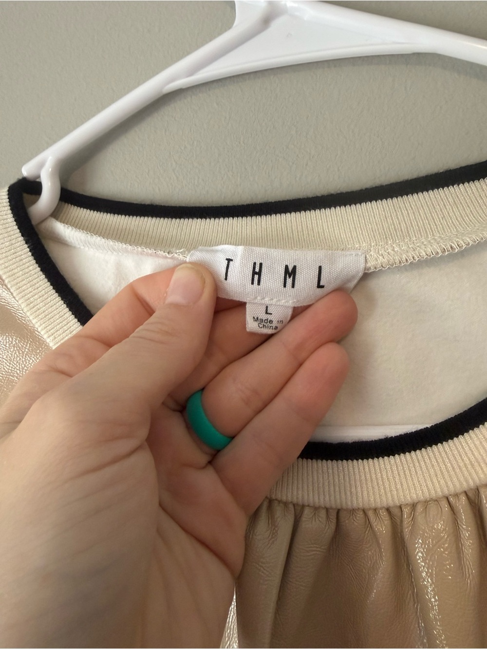 THML Beige Faux Leather Puff-Sleeve Women’s Top - Picture 3 of 4